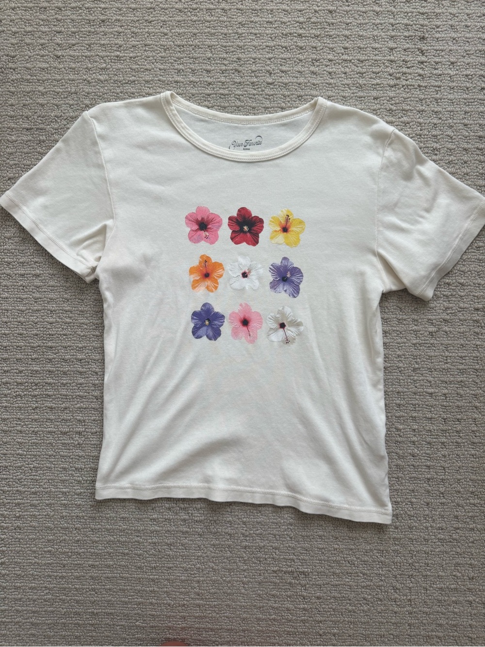 PacSun Cream Short Sleeve Tee with Multicolor Floral Grid